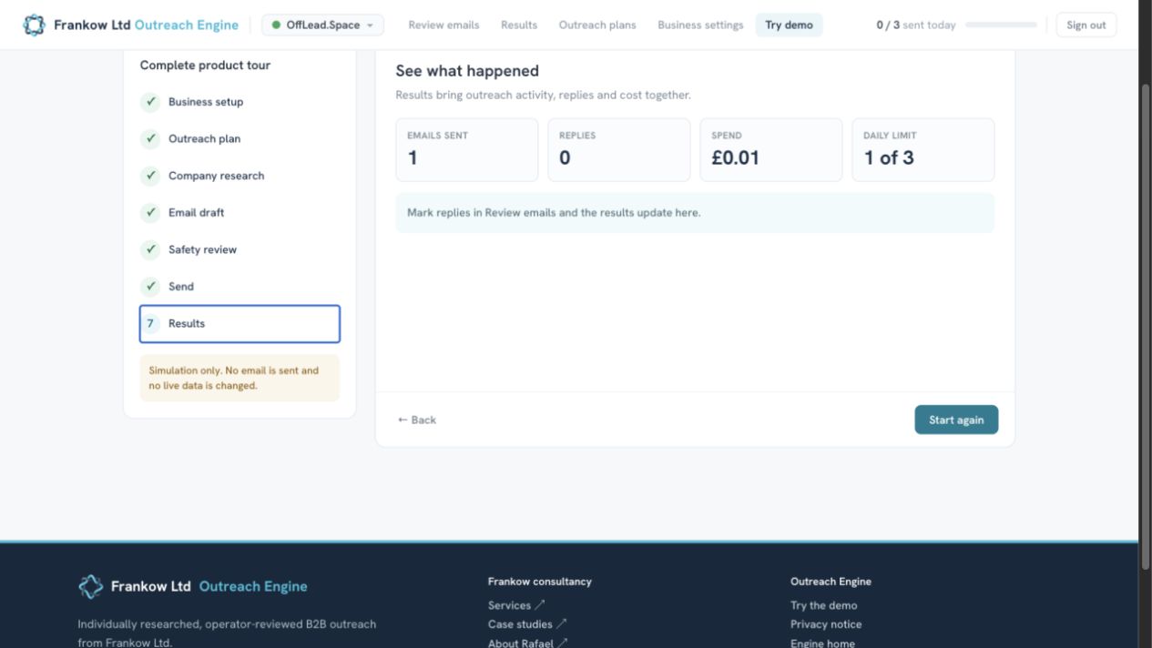 Frankow Ltd Outreach Engine results product tour